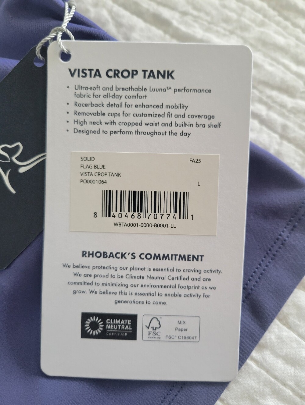 NWT Rhoback Womens Vista Crop Tank In Flag Blue - Picture 2 of 3